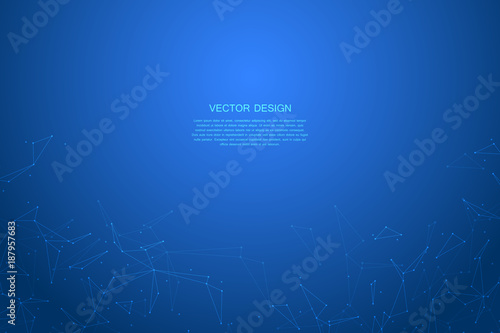 Abstract futuristic background with dots and lines, molecular particles and atoms, polygonal linear digital texture, technological and scientific concept, vector illustration
