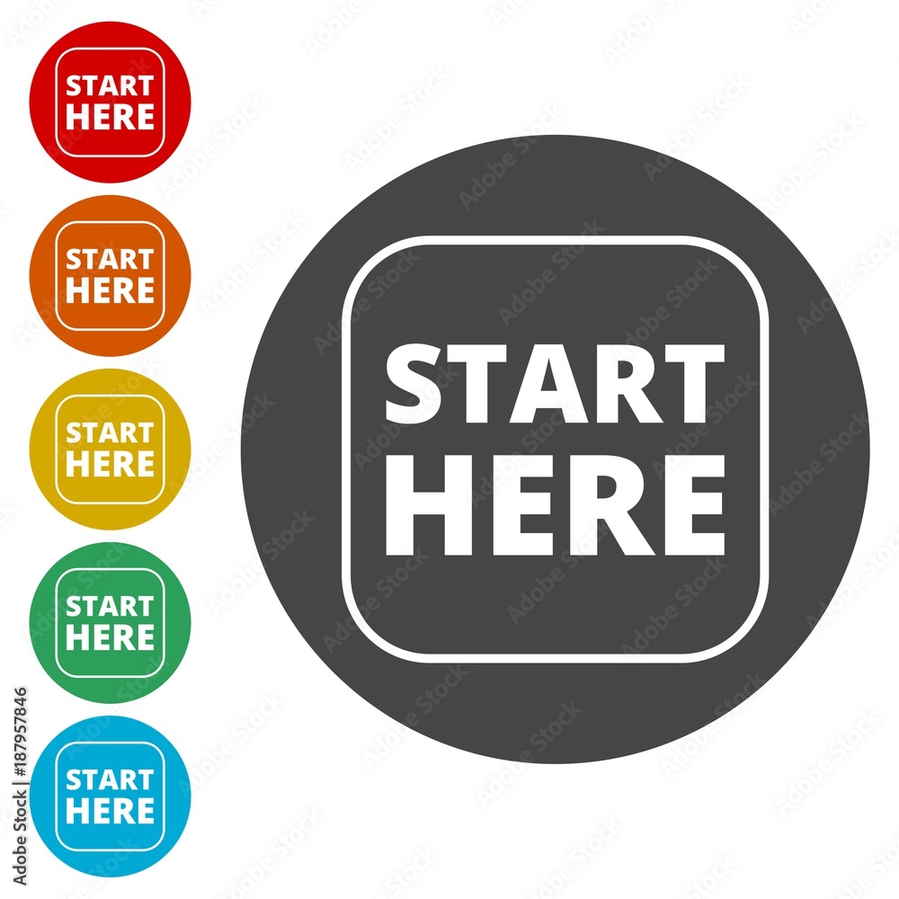 Start here sign, Start here icon, Start here button Start here sign, Start here icon, Start here button