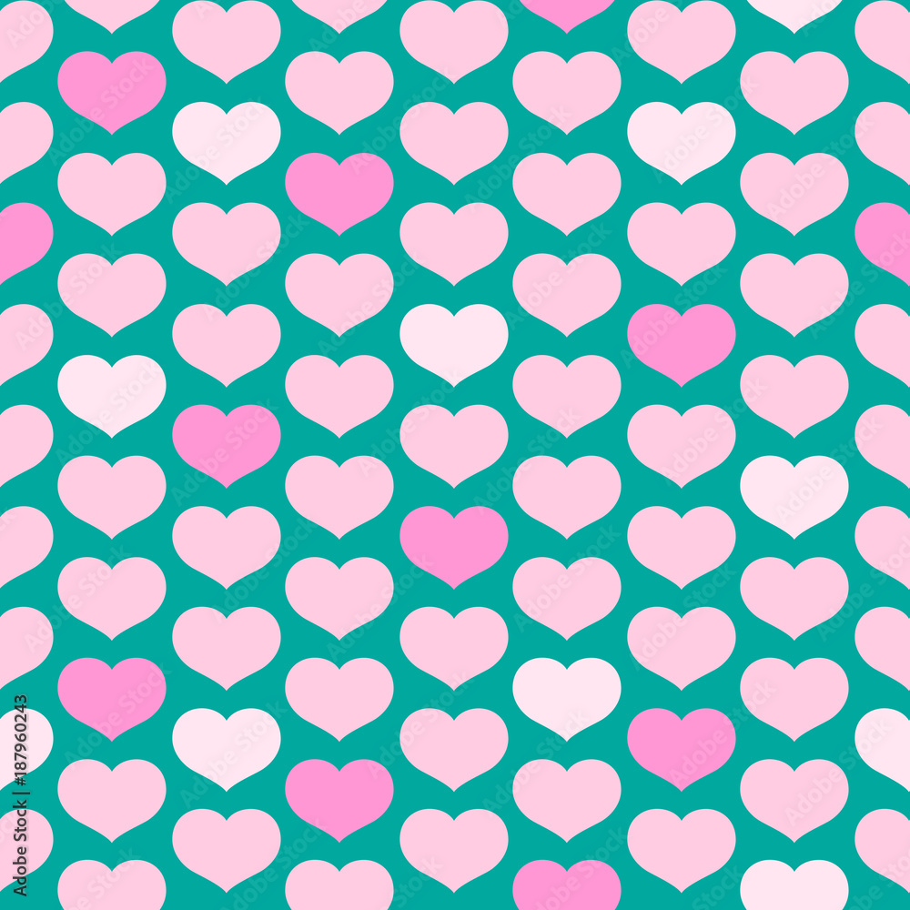 Fototapeta premium Seamless pattern from pink hearts on a turquoise background Decorative ornament of hearts for design of templates greeting cards banners posters for Valentine's Day Romantic pattern wallpaper Vector