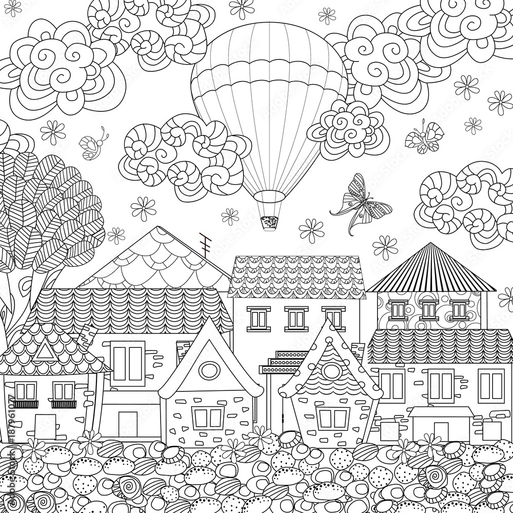 cozy town with hot air balloon in the sky for your coloring book