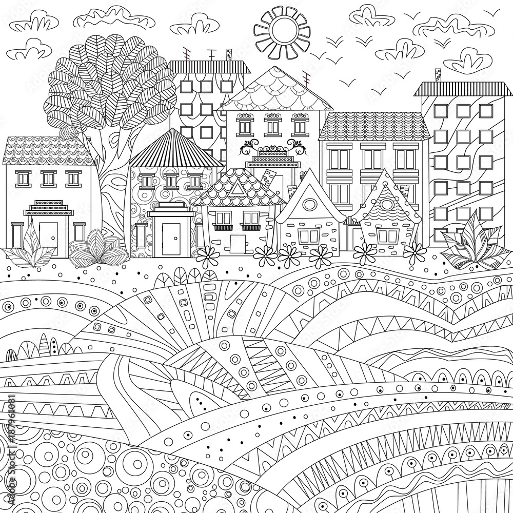 Cozy city for coloring book