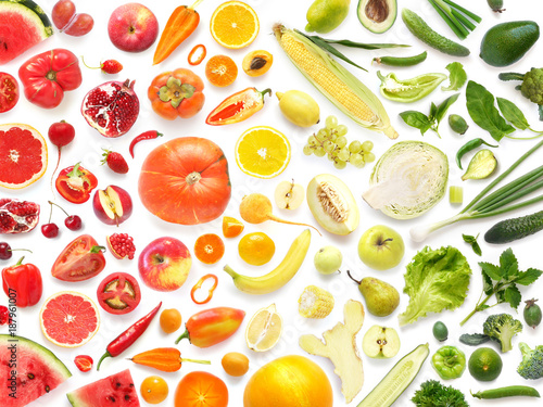 Fototapeta Naklejka Na Ścianę i Meble -  Food texture. pattern of various fresh vegetables and fruits isolated on white background, top view, flat lay. Composition of food.