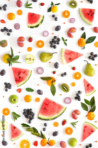 Fototapeta Naklejka Na Ścianę i Meble -  Food texture. Pattern of various fresh vegetables and fruits isolated on white background, top view, flat lay. Composition of food.