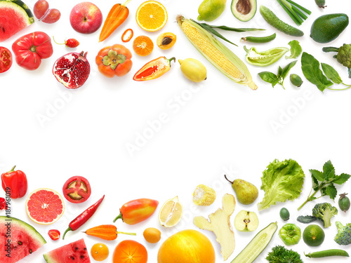 Fototapeta Naklejka Na Ścianę i Meble -  Frame pattern of various fresh vegetables and fruits isolated on white background, top view, flat lay. Composition of food with copy space.