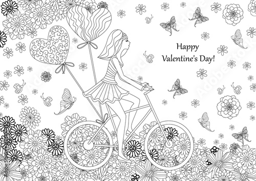 fashion girl is riding on a bicycle for your coloring book. happ