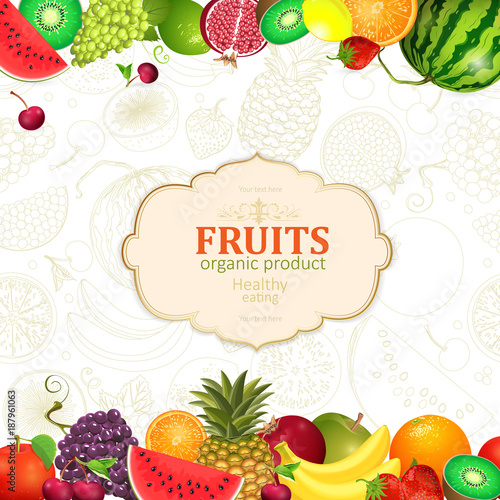 Fototapeta Naklejka Na Ścianę i Meble -  decorative card with borders of fresh fruits and berries for you