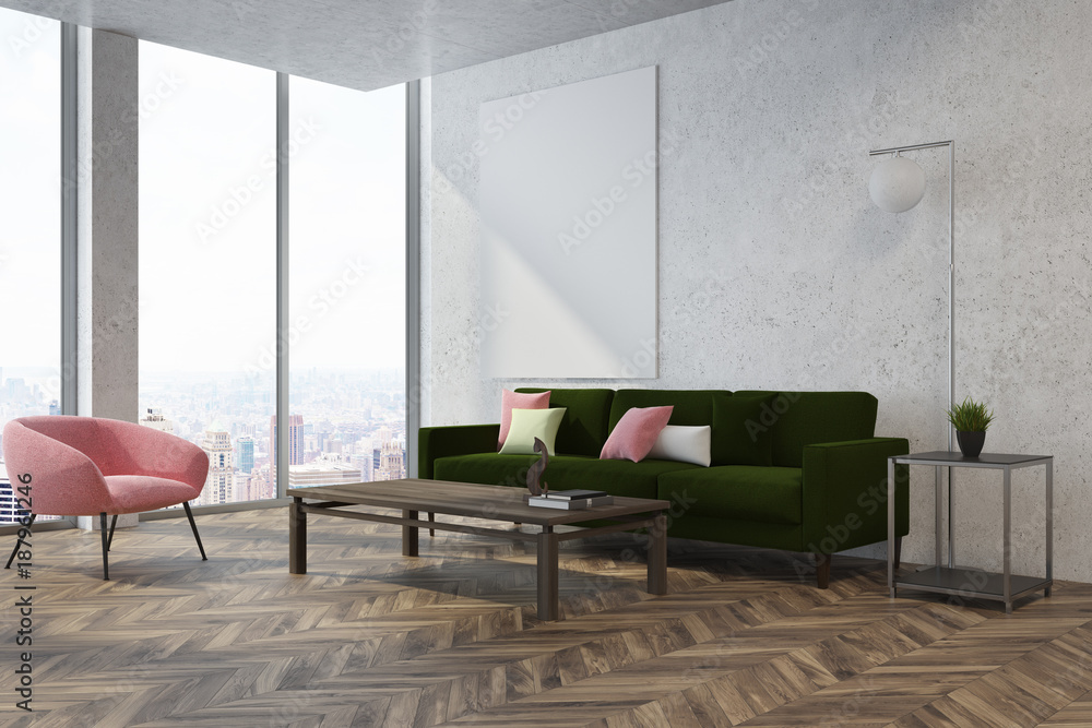 White living room corner, pink armchair - obrazy, fototapety, plakaty 