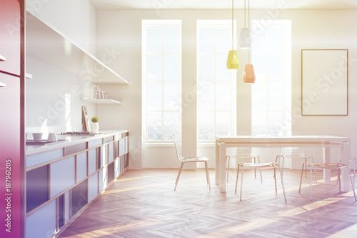 White kitchen interior, poster, side toned