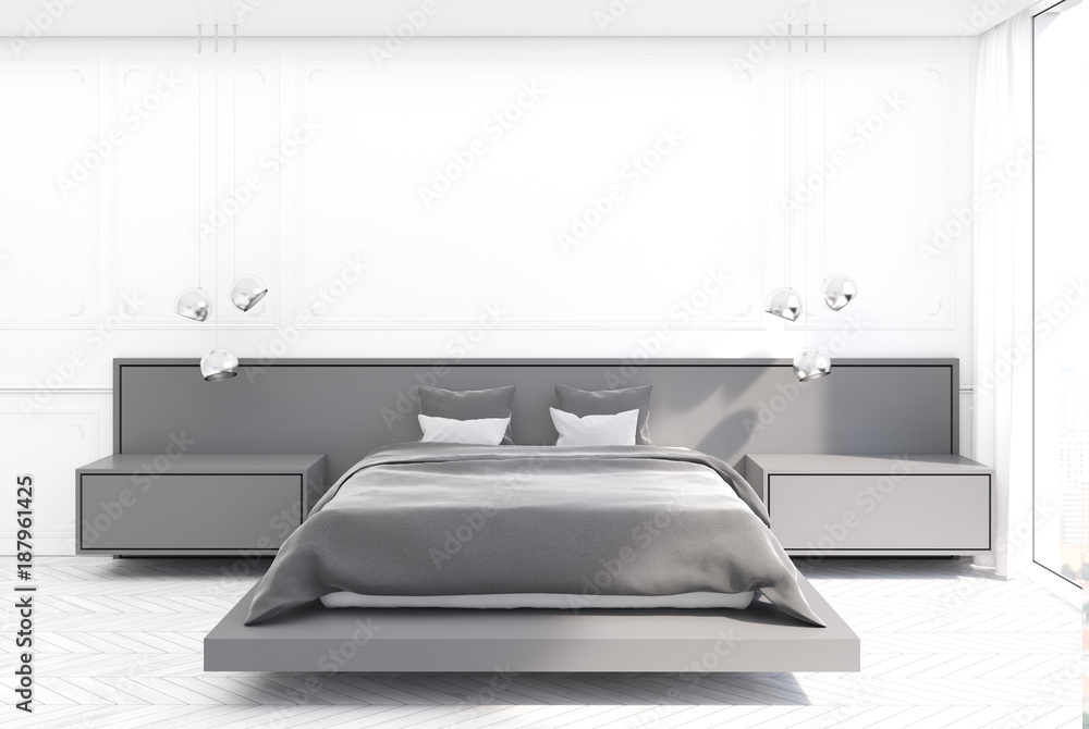 White bedroom, gray bed White bedroom, gray bed