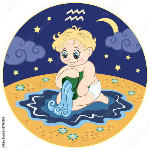 Aquarius. Baby sign of the zodiac. A little boy pours water from a jug.