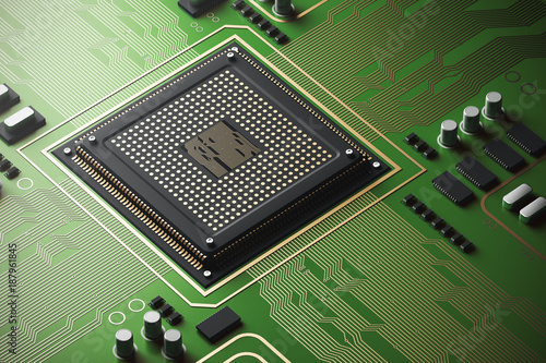 Green circuit board with a processor photo