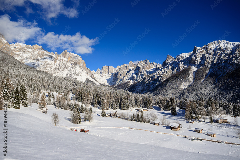 panorama invernale da Piereni in Val Canali, nel parco naturale di Paneveggio - Trentino panorama invernale da Piereni in Val Canali, nel parco naturale di Paneveggio - Trentino