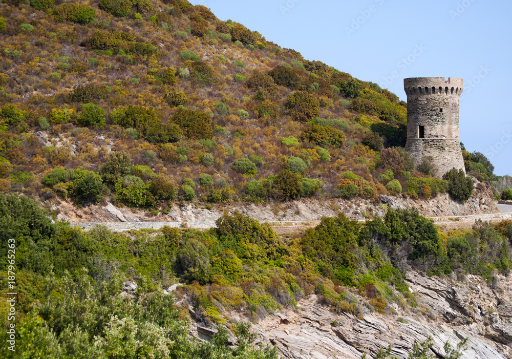 Corsica, 27/08/2017: la Torre di Losse, o Torre dell'Osse (1599), una torre genovese in rovina nel comune di Cagnano (Alta Corsica) lungo la strada tortuosa della costa est di Capo Corso