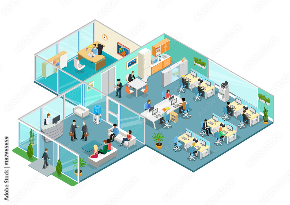 Flat 3d business isometric office interior vector with people Flat 3d business isometric office interior vector with people