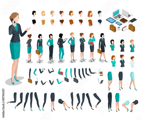 Flat isometric body parts woman vector set. Business character