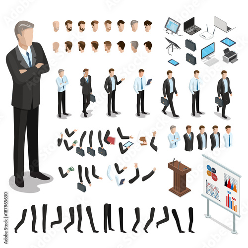 Flat isometric body parts man vector set. Business character