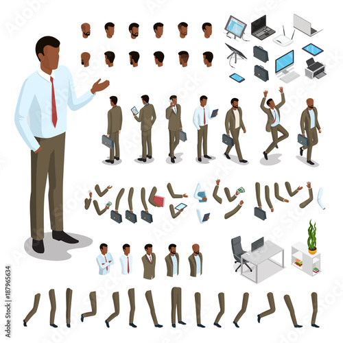 Flat isometric body parts man vector set. Business character