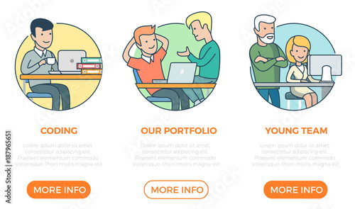 Linear flat page web design template vector. Business team