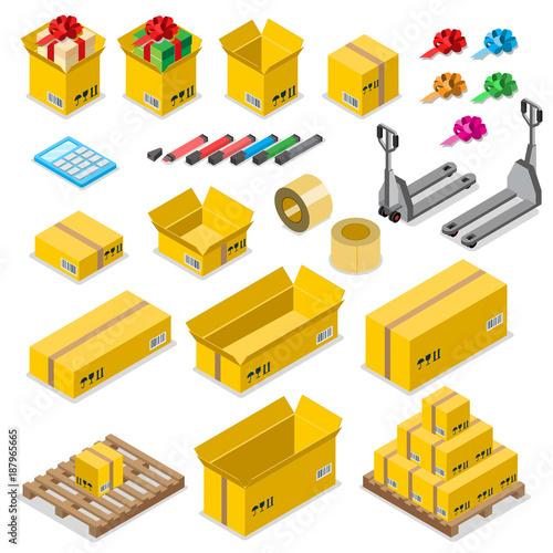 Flat 3d moving delivery isometric vector set. Cardboard boxes