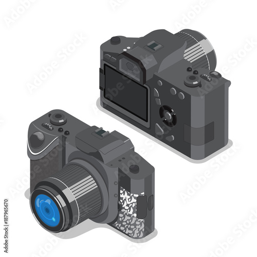 Flat 3d isometric DSLR photo digital camera vector illustration