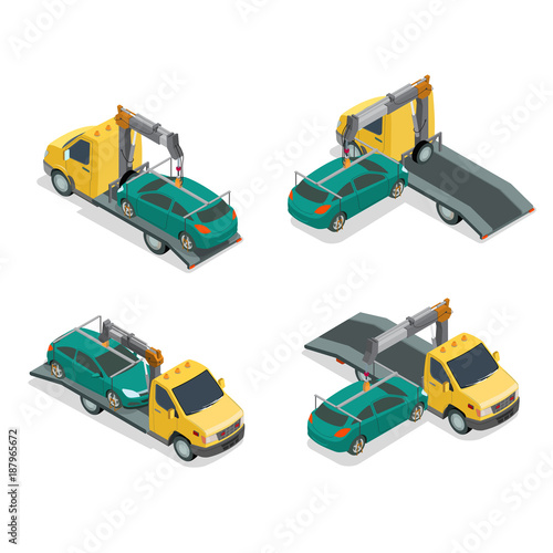 Flat isometric auto car Tow truck Wrecker repair service vector
