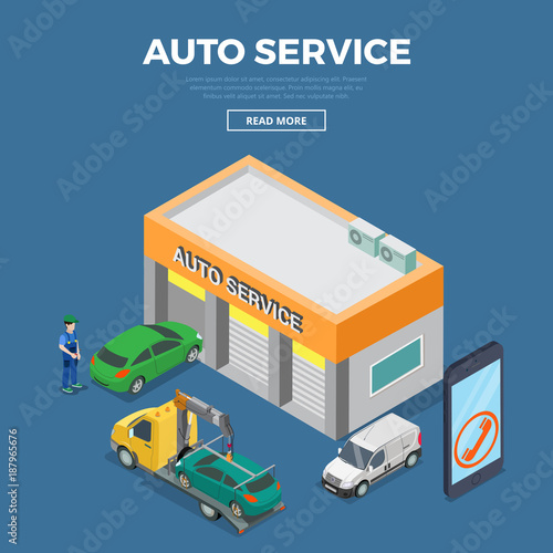 Flat isometric auto car repair service building vector concept
