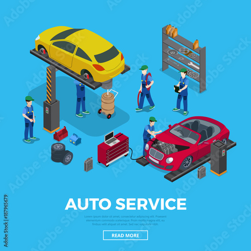 Worker tool workers car repair service 3d flat isometric vector