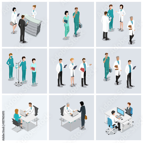 Flat isometric Healthcare vector set. Doctor nurse patient