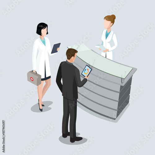 Flat isometric hospital clinic reception vector. 3d doctor