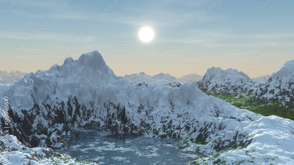 Obraz premium panorama of a mountain landscape with a lake and snowy peaks.
