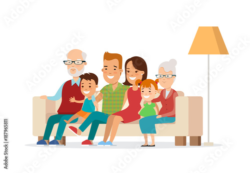 Flat Happy Family watching TV vector illustration. Children