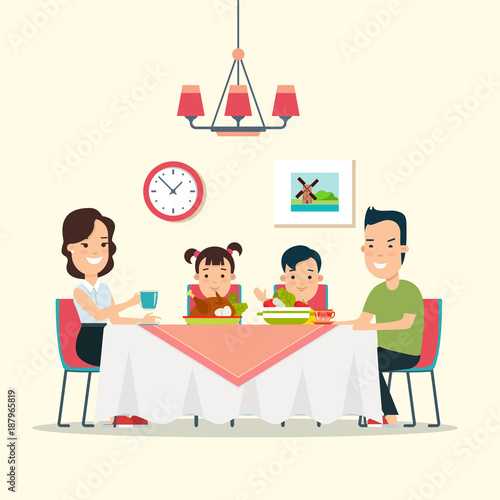 Flat family dinner vector illustration. Mother father children