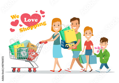 Flat Happy parents children purchases cart vector. Shopping.