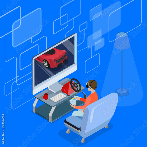 Flat isometric man VR glasses play game virtual screen vector