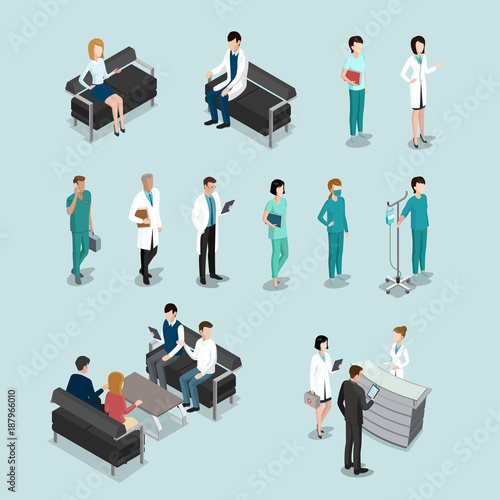 Flat isometric male female doctors nurse medic healthcare vector