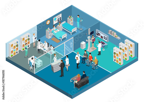 Flat isometric Medical centre interior vector. 3d health care