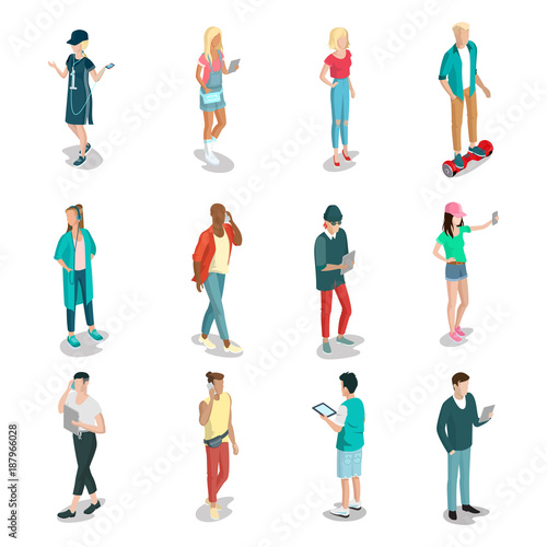 Flat isometric 3d casual people characters vector icon set