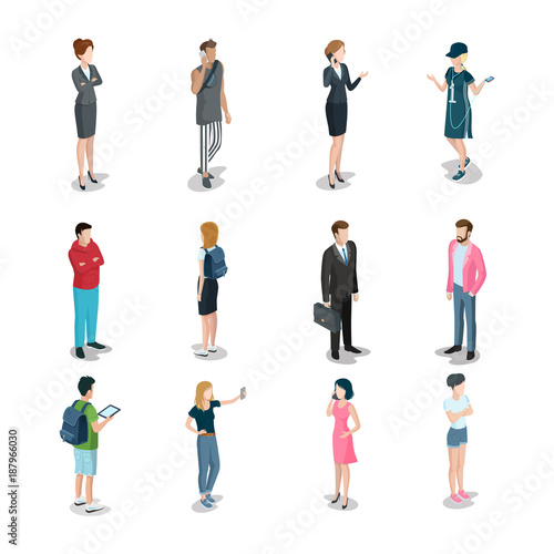 Flat isometric 3d casual people characters vector icon set