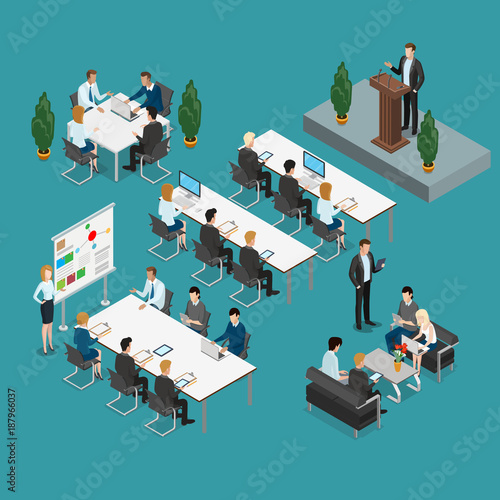 Meeting room presentation work flat vector isometric interior