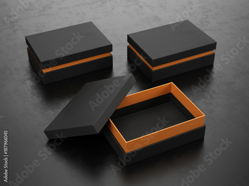 Opened and Closed Black Boxes on black background - Box Mockup, 3d rendering