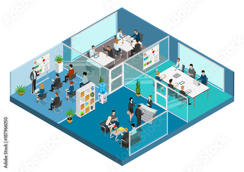 Flat 3d business isometric office interior vector with people