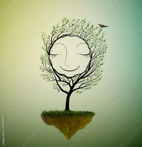 happy tree character growing on the flying rock, smile tree in dream with bird, spring tree s dream,