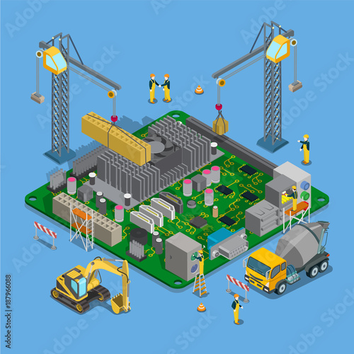 Flat isometric construction vector objects set. Crane building