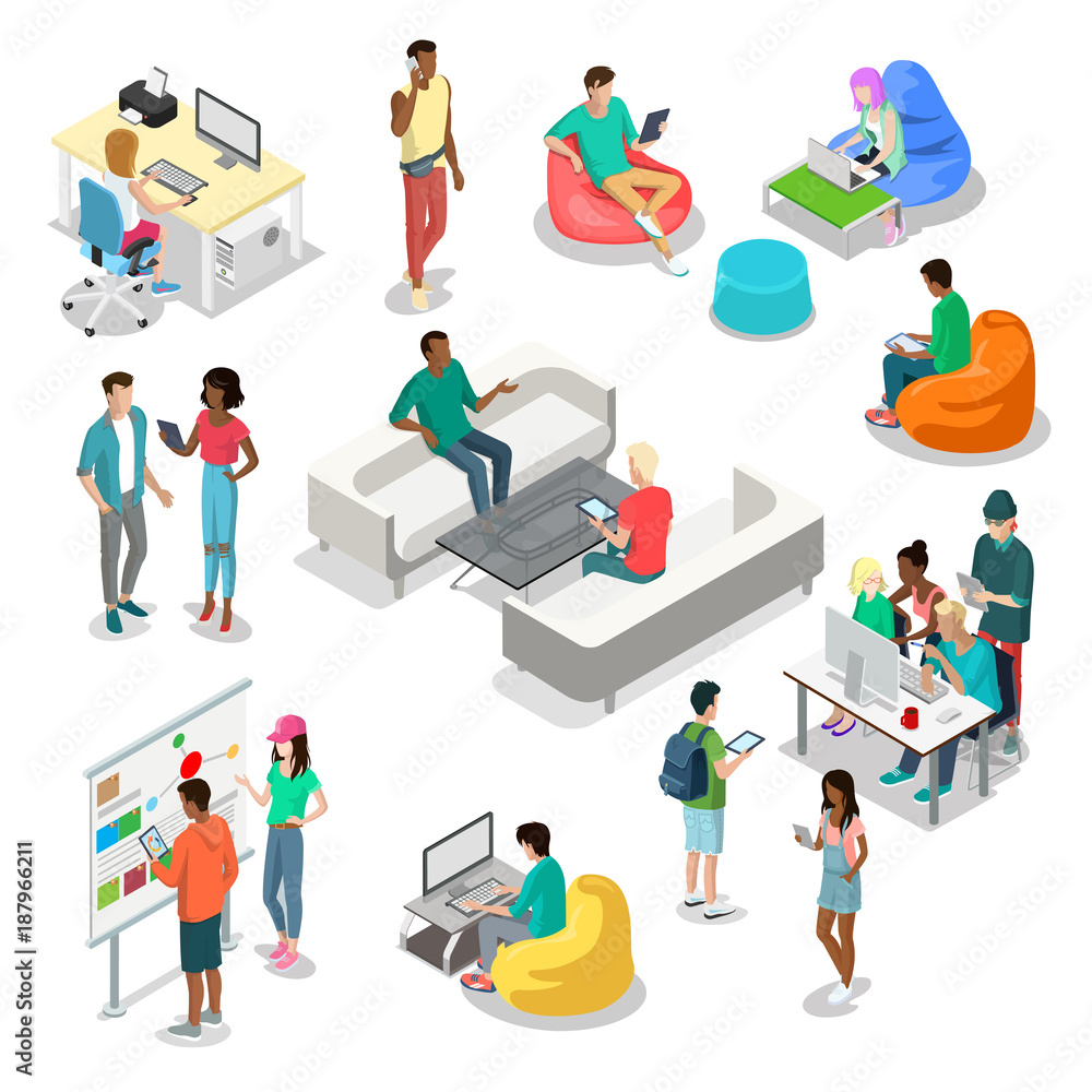 Fototapeta premium Flat isometric 3d casual people characters vector interior set