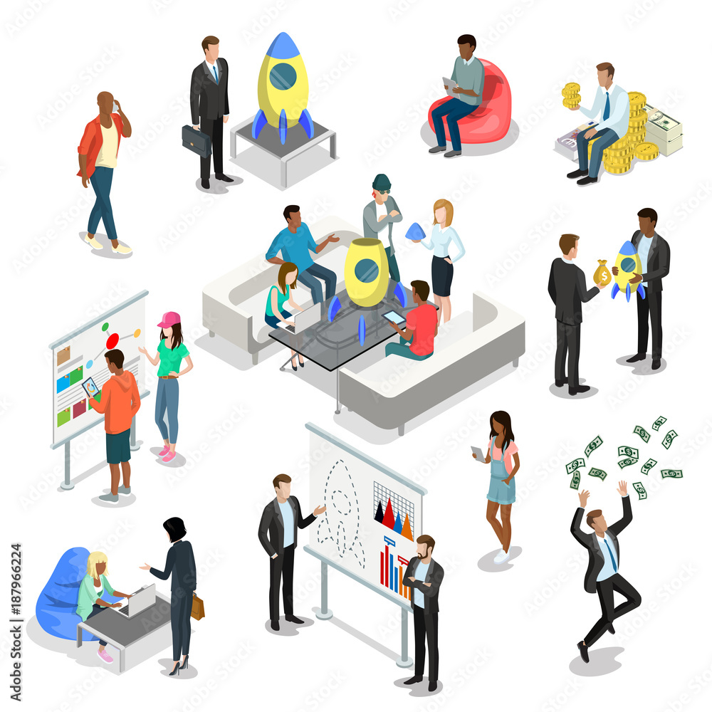 Flat isometric 3d startup people characters vector interior set Flat isometric 3d startup people characters vector interior set