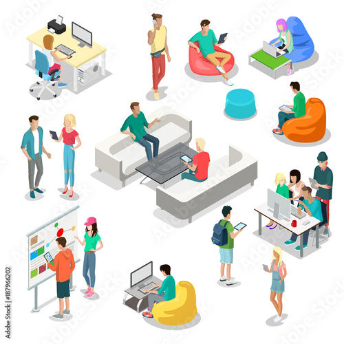 Flat isometric 3d casual people characters vector interior set