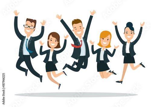Flat business people happy jumping characters vector icon set