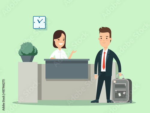 Flat businessman baggage in hotel reception vector illustration