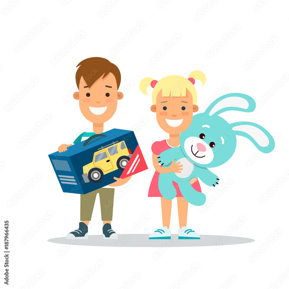 Flat Family children with toys gifts vector. Parenting holidays Flat Family children with toys gifts vector. Parenting holidays