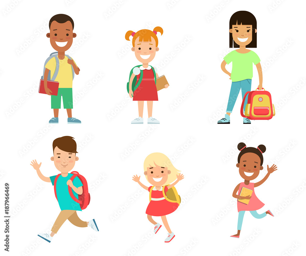 Happy children flat character vector set. Kids education Happy children flat character vector set. Kids education